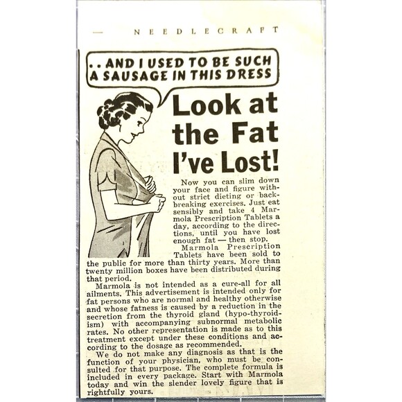 Marmola Prescription Tablets "Look at the Fat I've Lost!" Vintage Print Ad 1939 - Picture 1 of 3